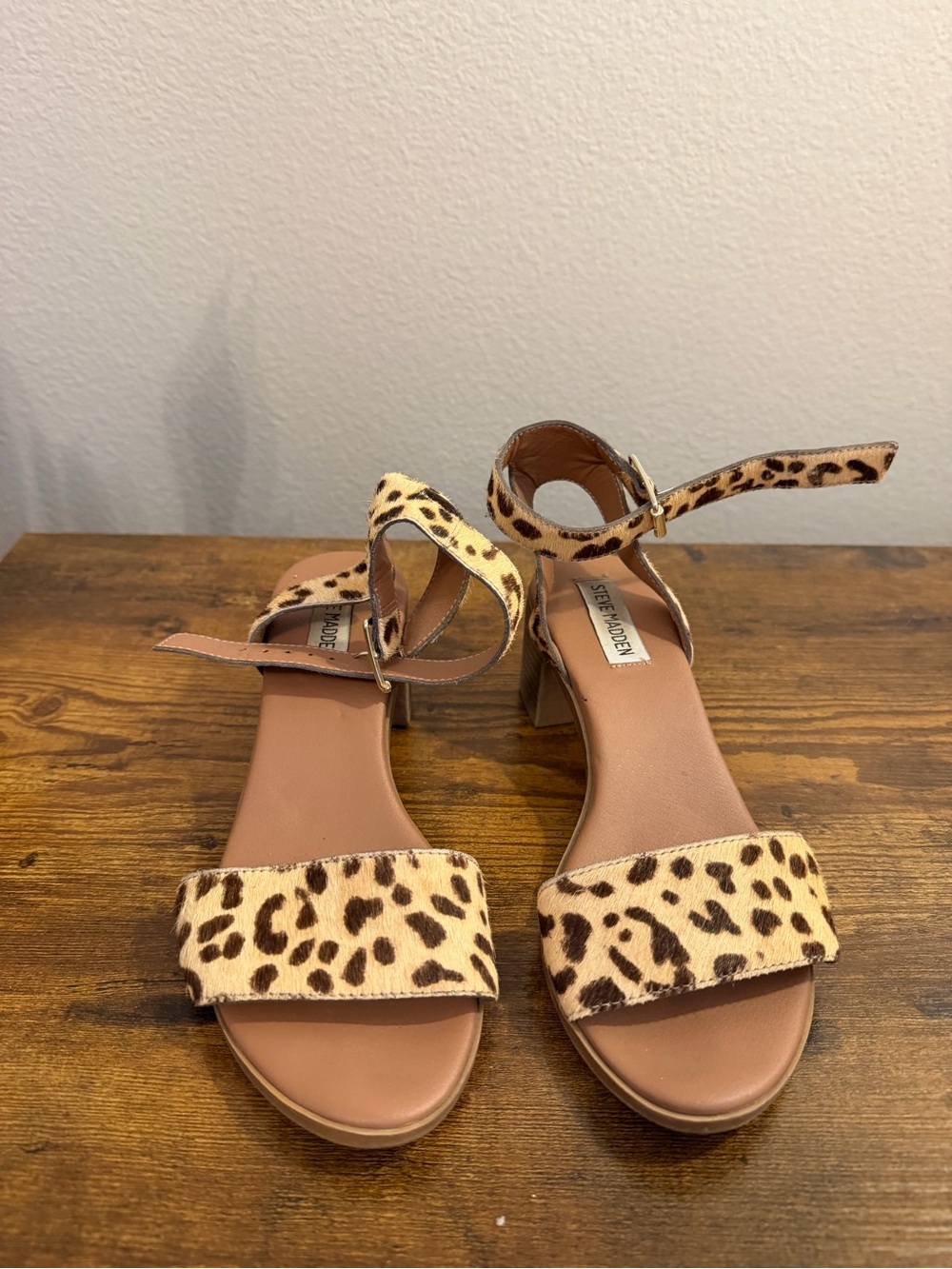 Steve Madden Leopard Print Ankle Strap Block Heels - Brown/Tan - Picture 2 of 4